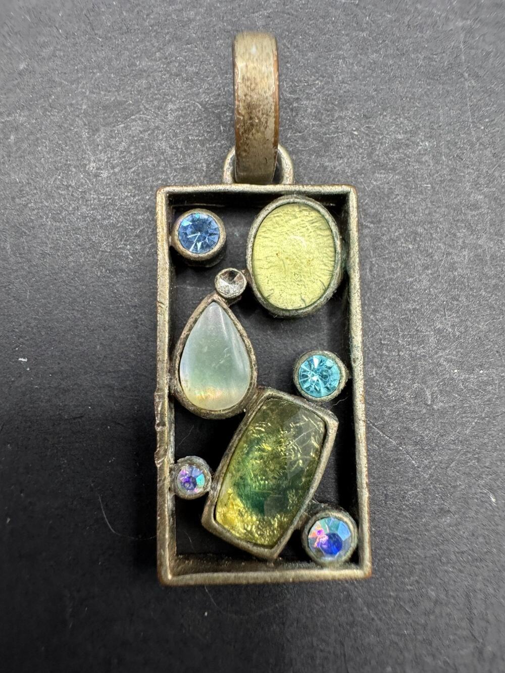 Vintage Lia Sophia Silver Tone Multicolor Stone Rectangle Pendant